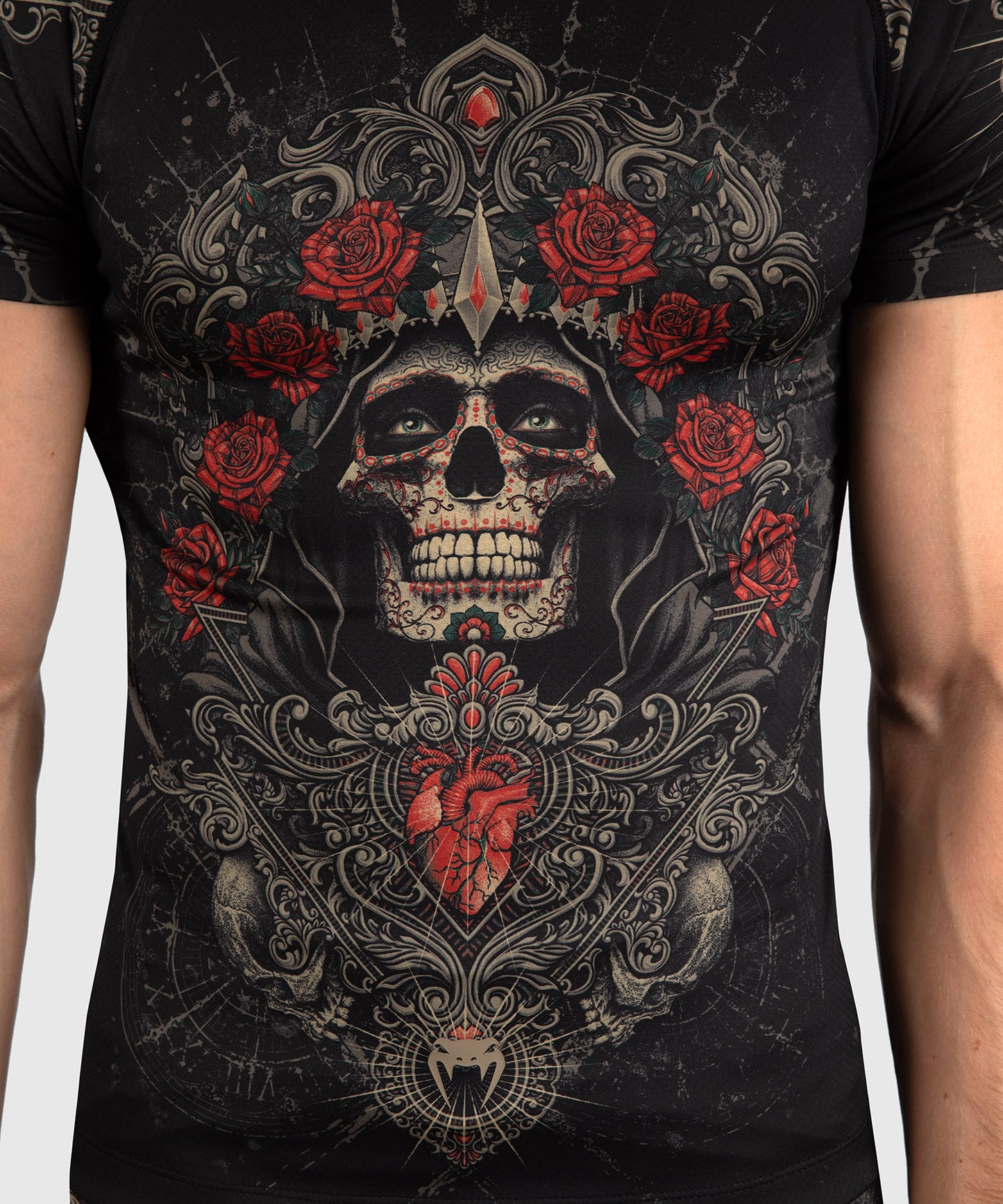 Venum Santa Muerte 5.0 Rashguard de Manga Corta para Hombre - Negro Profundo/Oro