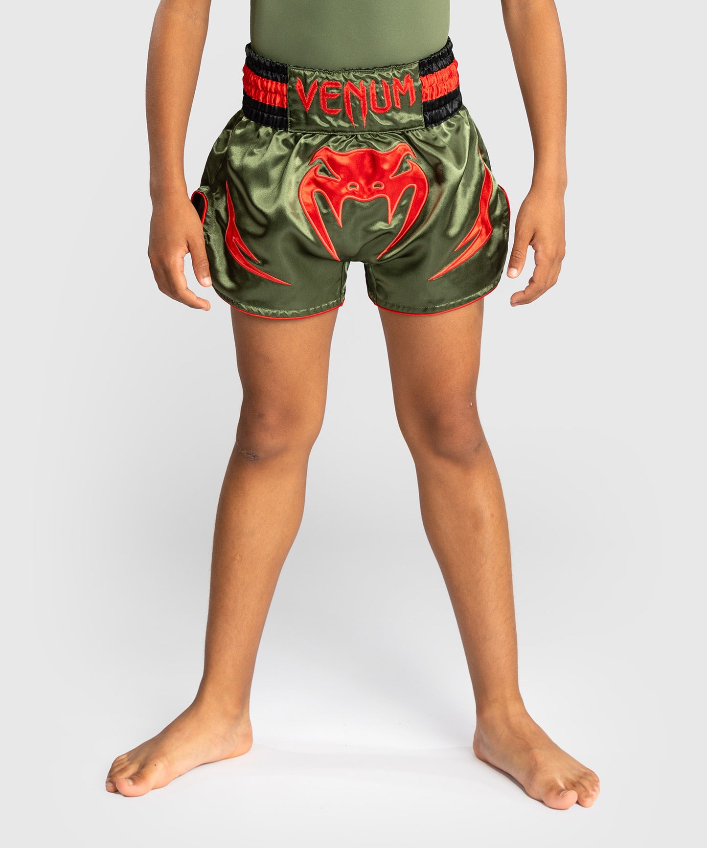 Short de Muay Thai pour Enfants Venum Inferno - Vert militaire/Orange