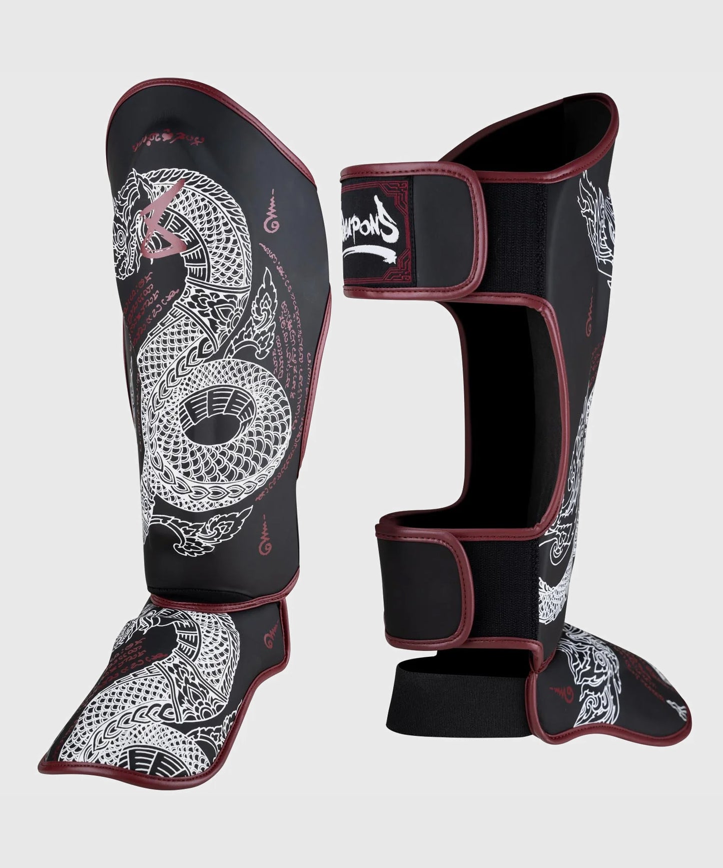 8 Weapons Sak Yant Naga Shin Guards - Black/Red
