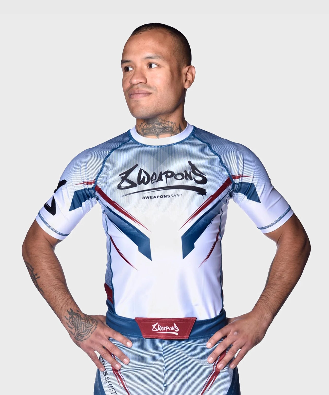 8 Weapons Shift Short Sleeve Rashguard - White/Blue/Red