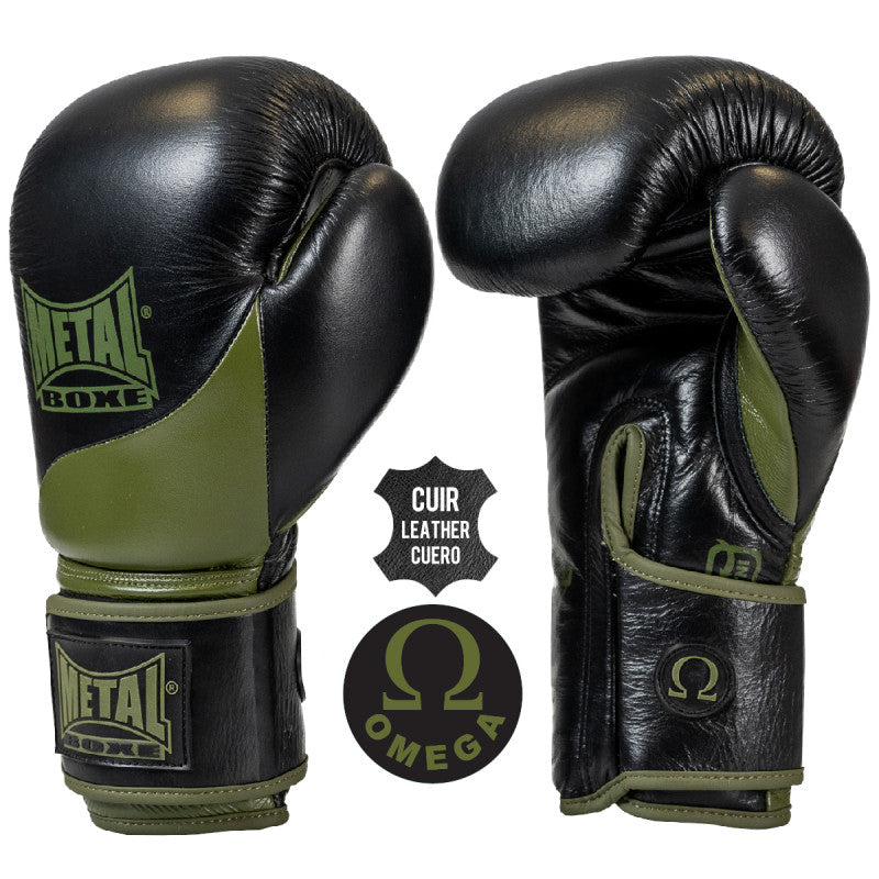 Metal Boxe Metal Omega Guantes de Boxeo de Cuero - Negro/Caqui