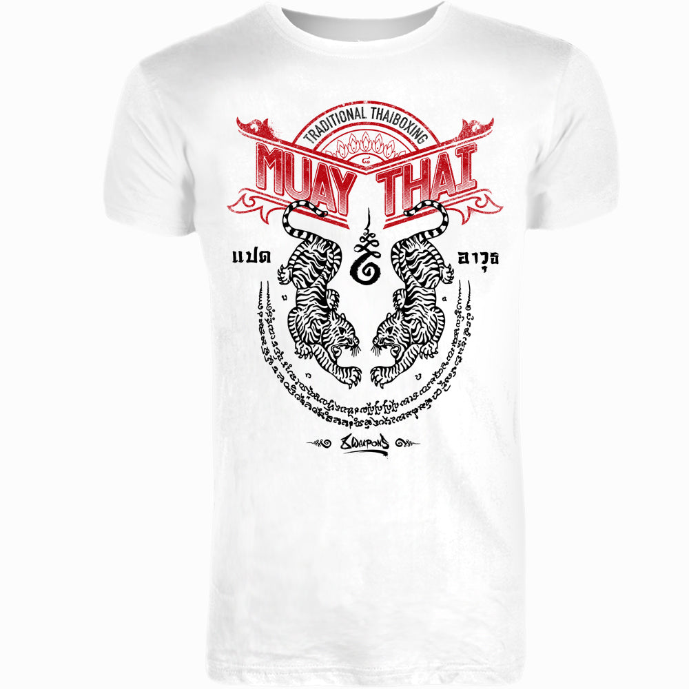 T-shirt Short de Muay Thai 8 Weapons Sak Yant Tigers - Blanc