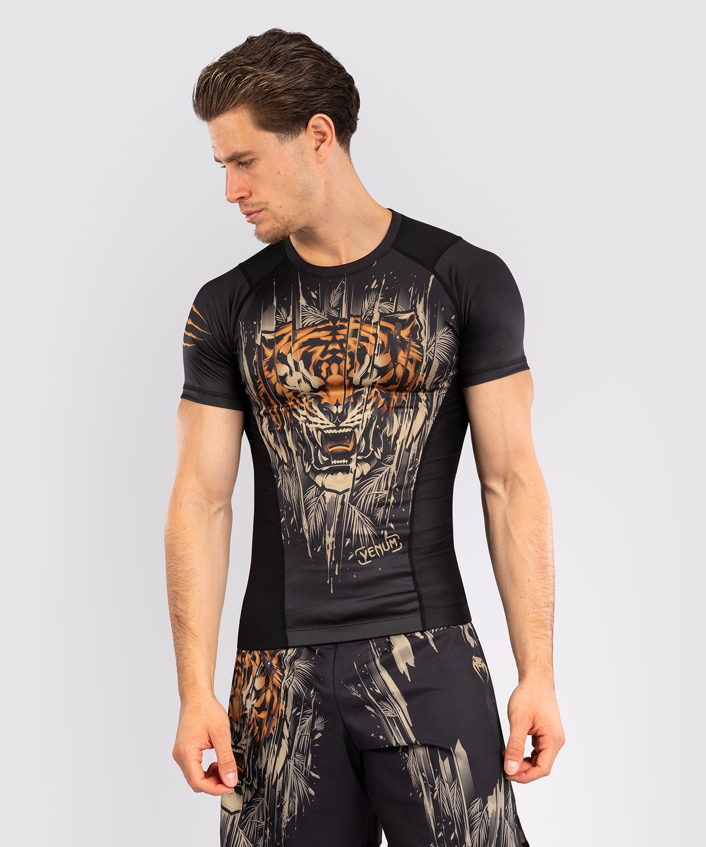Venum Tiger Men's Short Sleeve Rashguard - Black/Neon Orange