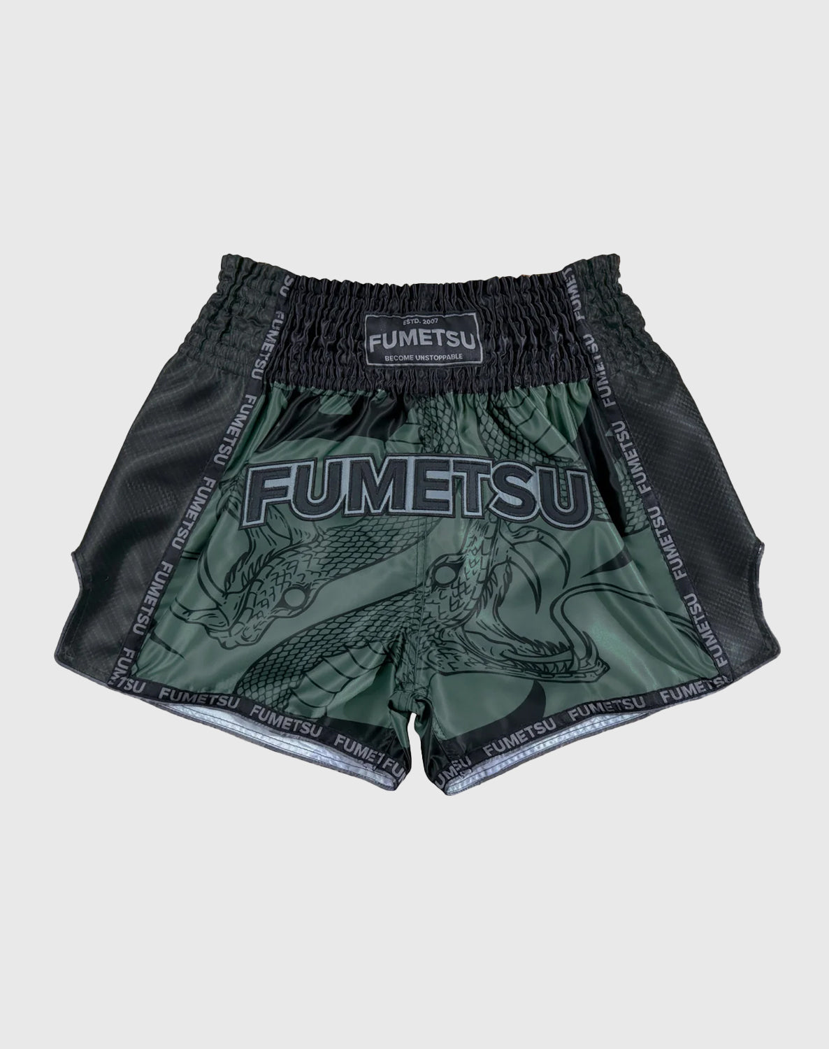 Short De Muay Thai Fumetsu Anaconda Kaki/Noir – Dragon Bleu - Main Image
