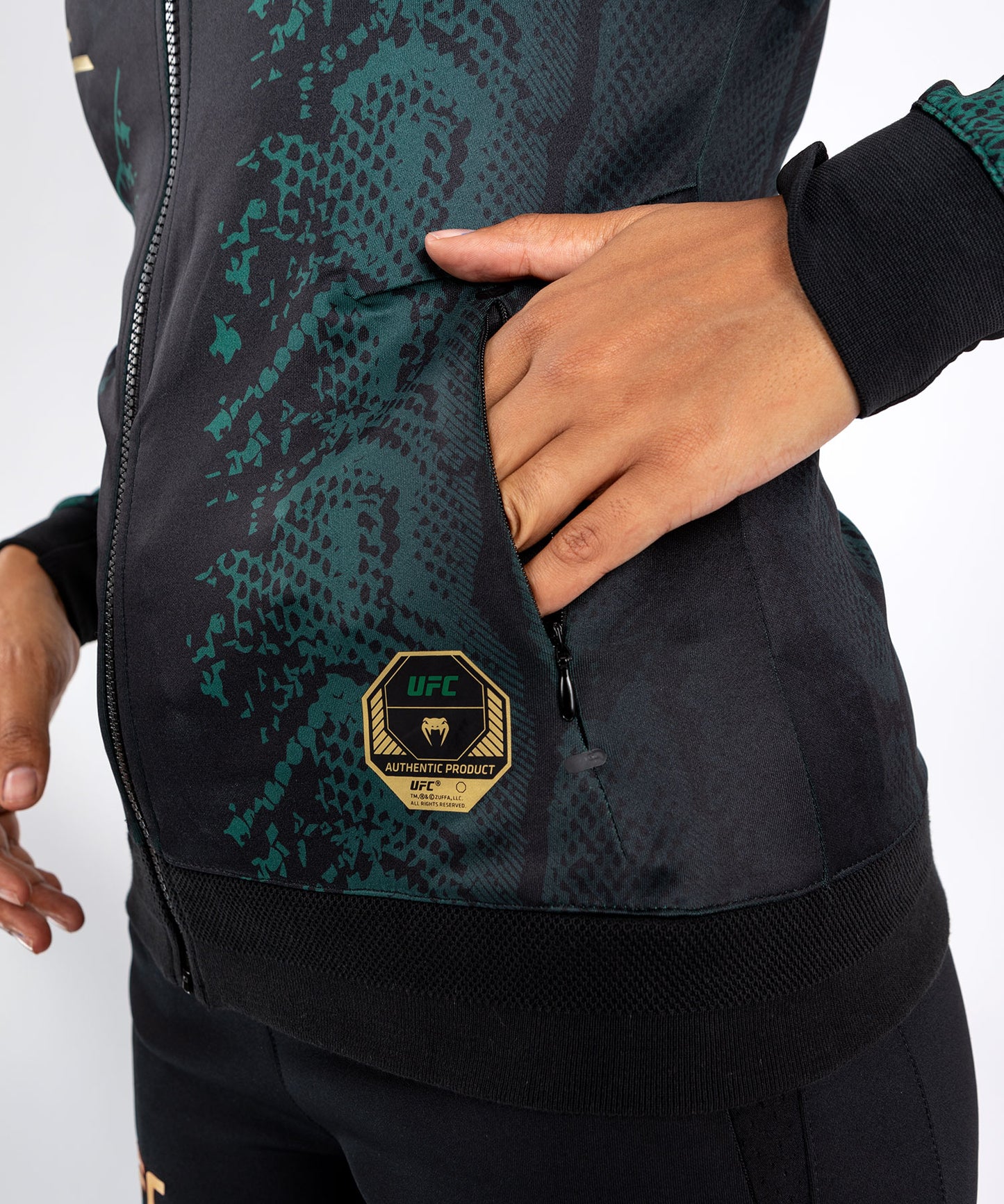 UFC Adrenaline by Venum Authentic Fight Night Women’s Walkout Hoodie - Emerald Edition - Green/Black/Gold
