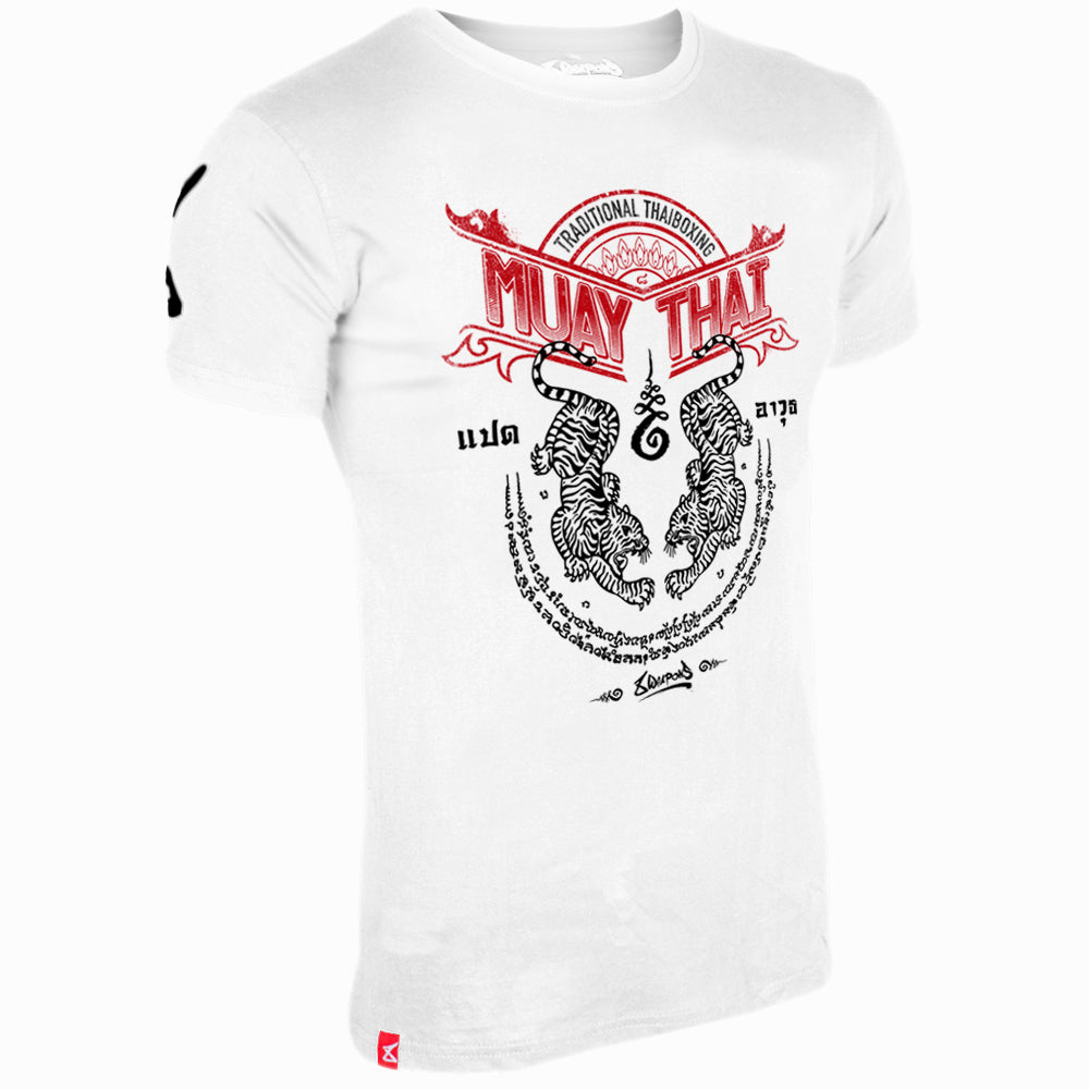 T-shirt Short de Muay Thai 8 Weapons Sak Yant Tigers - Blanc