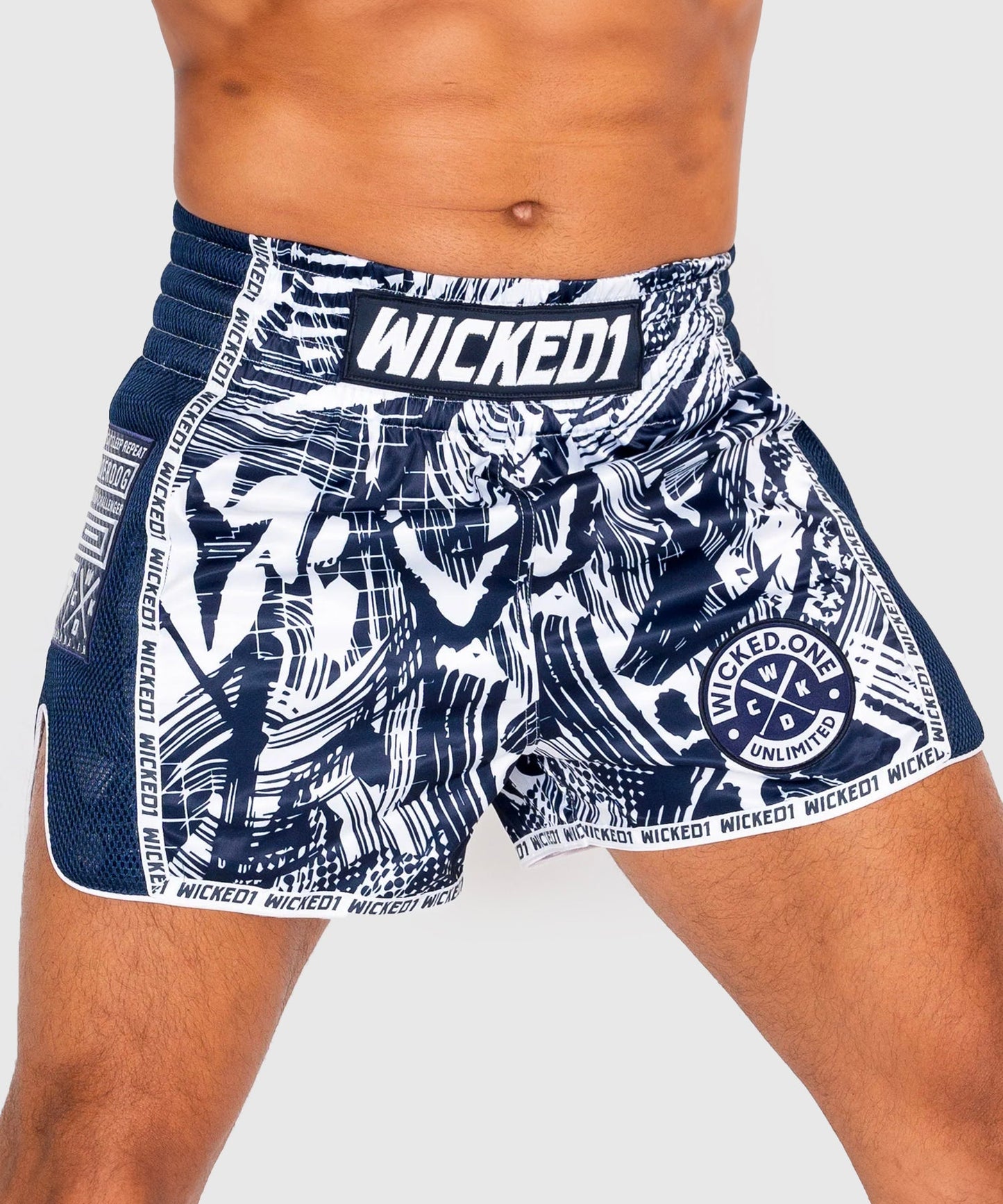 Wicked One Havoc Pantalones de Muay Thai - Azul Marino/Blanco