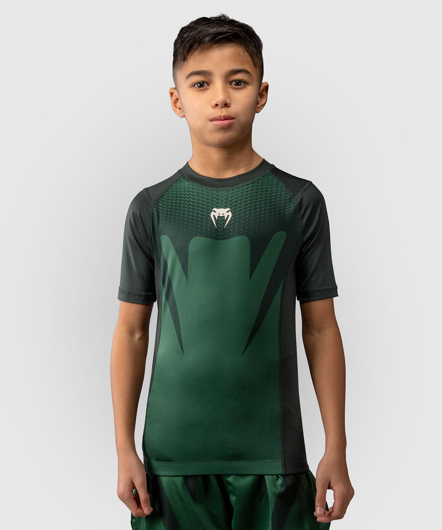 Venum Attack Kids Short Sleeve Rashguard - Forest Green/ Off White