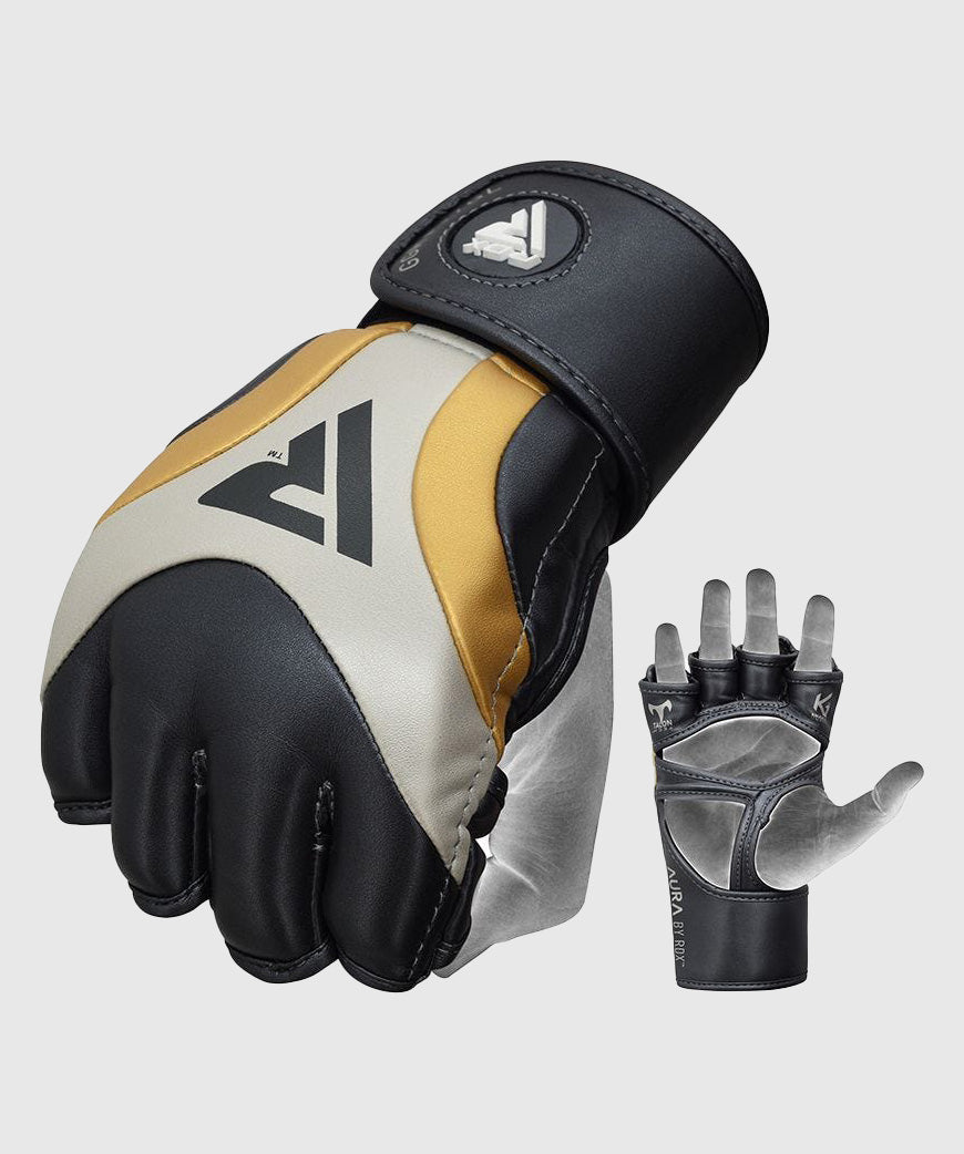 RDX Aura T-17 Grappling MMA Gloves - Black/White/Gold