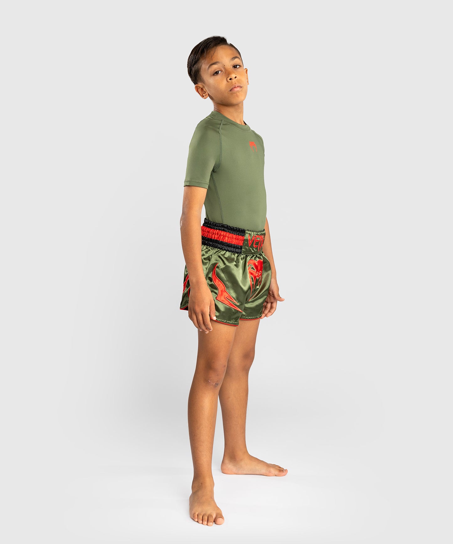 Short de Muay Thai pour Enfants Venum Inferno - Vert militaire/Orange