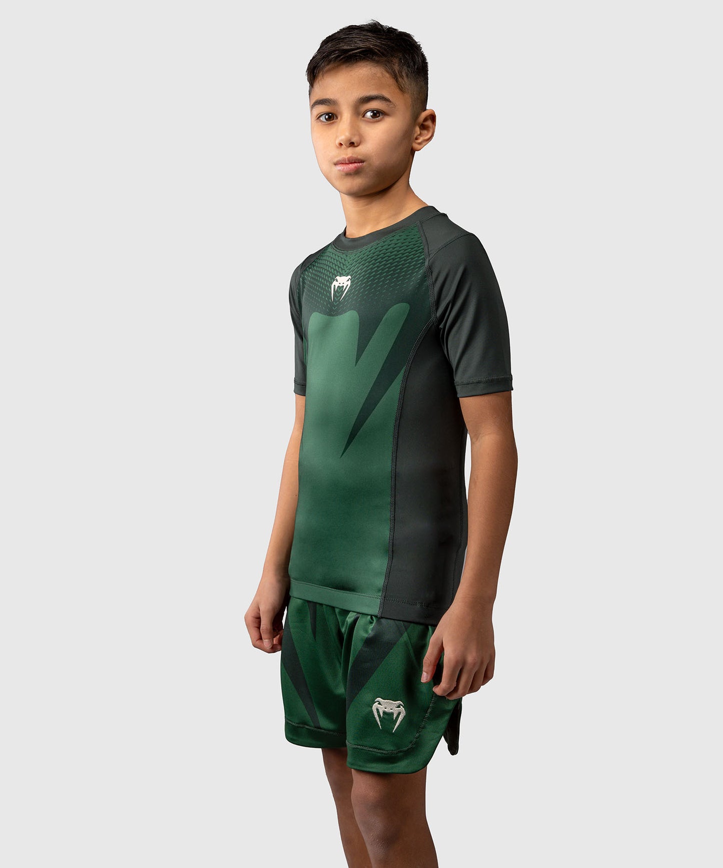 Venum Attack Kids Short Sleeve Rashguard - Forest Green/ Off White