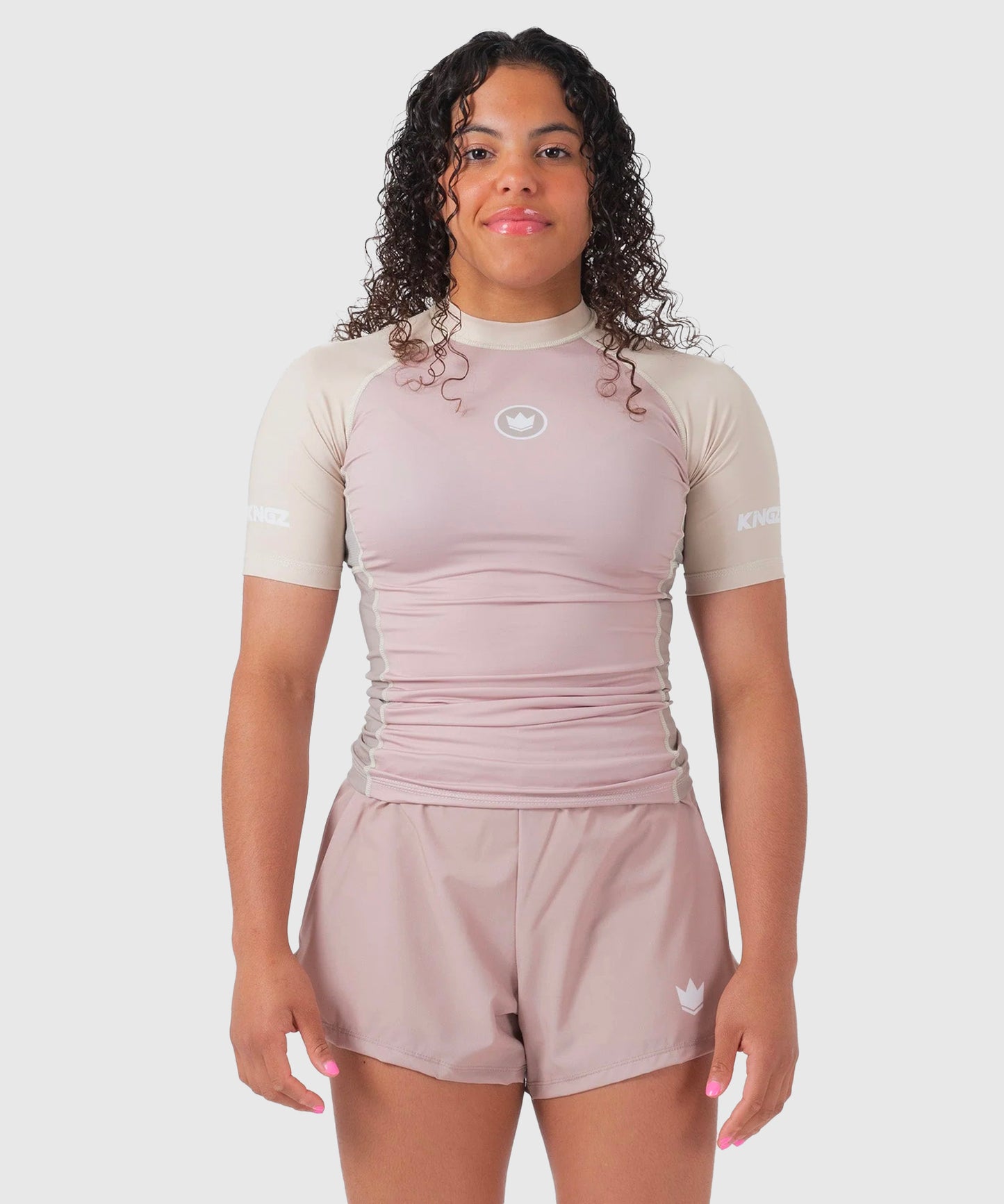 Kingz Terra Rashguard a Maniche Corte da Donna - Rosa/Beige