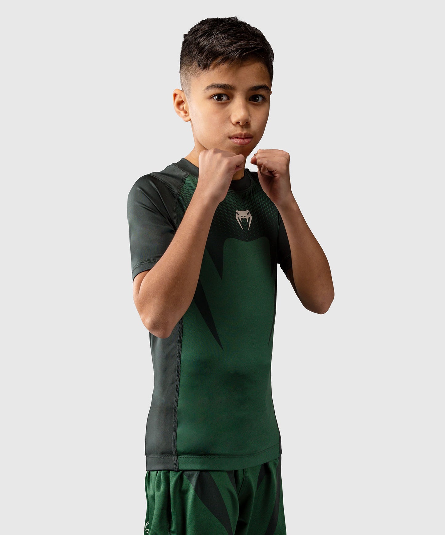 Venum Attack Kids Short Sleeve Rashguard - Forest Green/ Off White