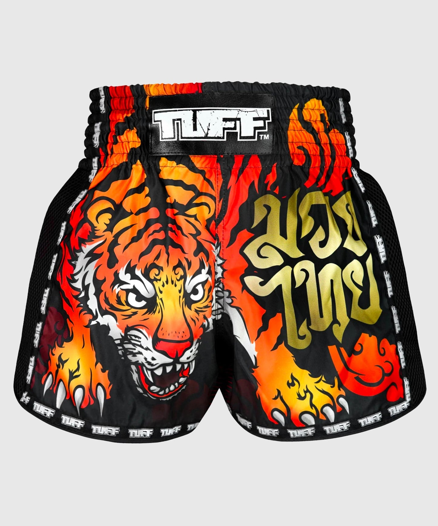 Tuff New Retro Orange Furious Tiger Pantalones de Muay Thai - Negro