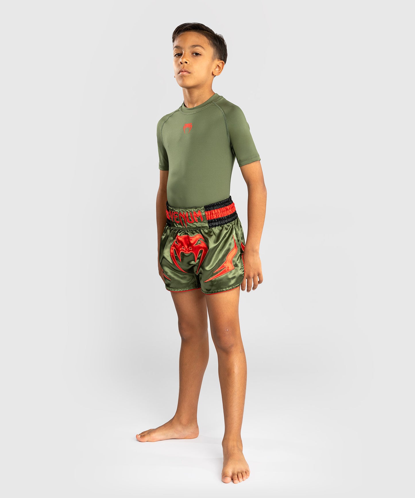 Short de Muay Thai pour Enfants Venum Inferno - Vert militaire/Orange