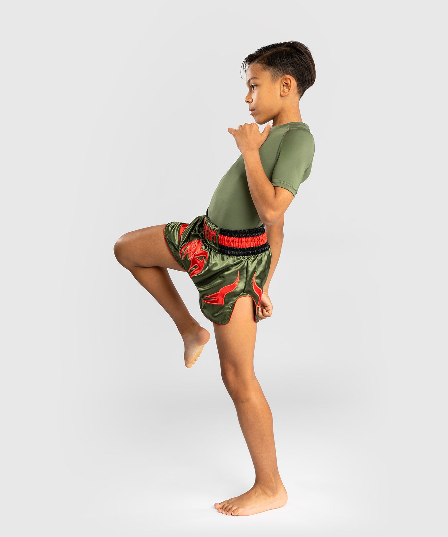 Short de Muay Thai pour Enfants Venum Inferno - Vert militaire/Orange
