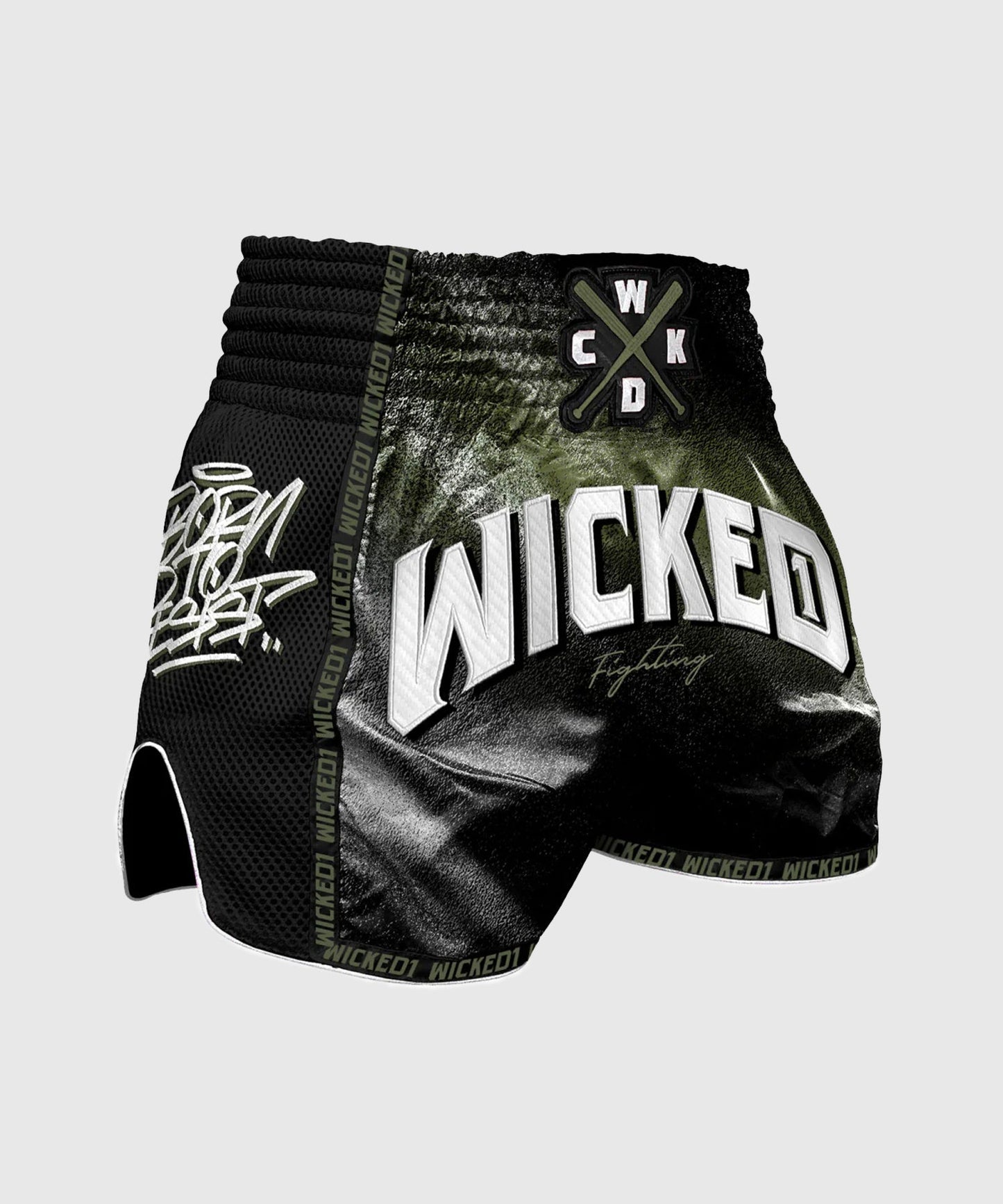 Wicked One Spraying Pantalones de Muay Thai - Negro/Caqui