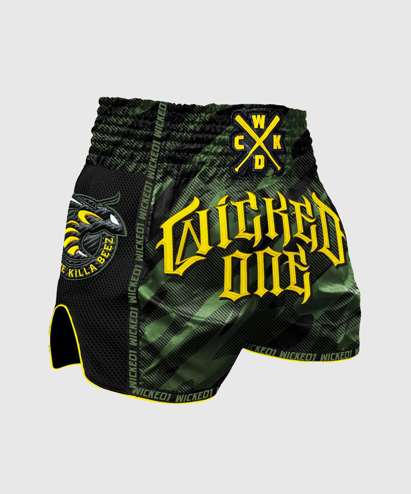 Wicked One Killa Beez Pantalones de Muay Thai - Negro/Caqui/Amarillo