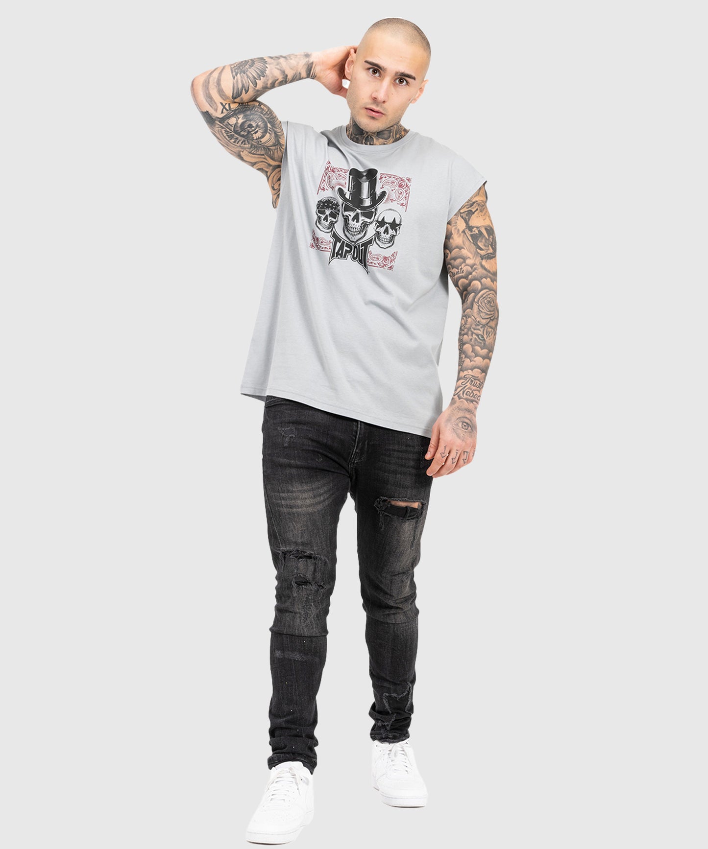 T-Shirt Sans Manches Tapout Skull - Gris/Noir/Rouge