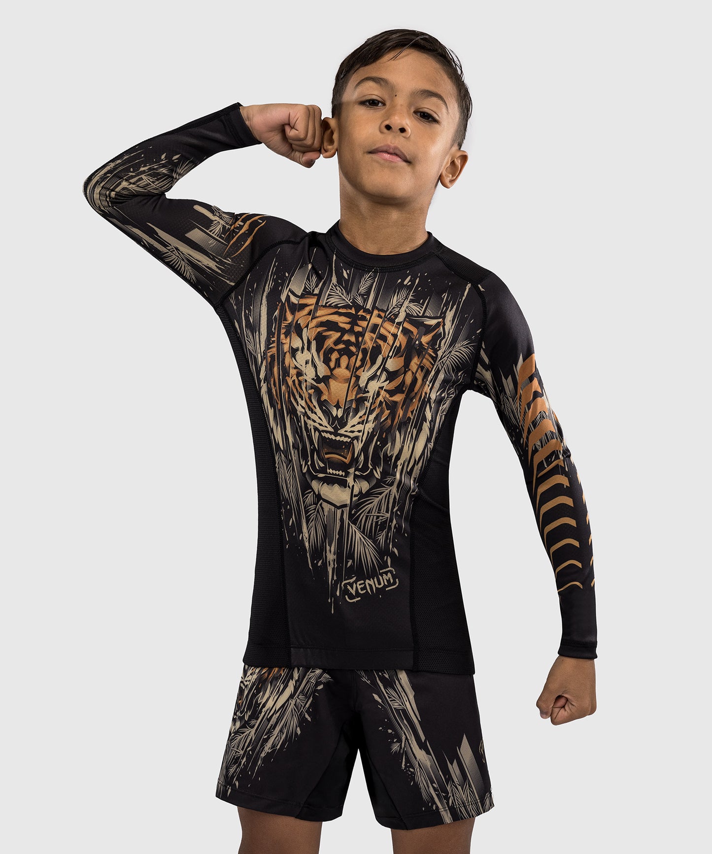 Venum Tiger Kids Long Sleeve Rashguard - Black/Orange Neon