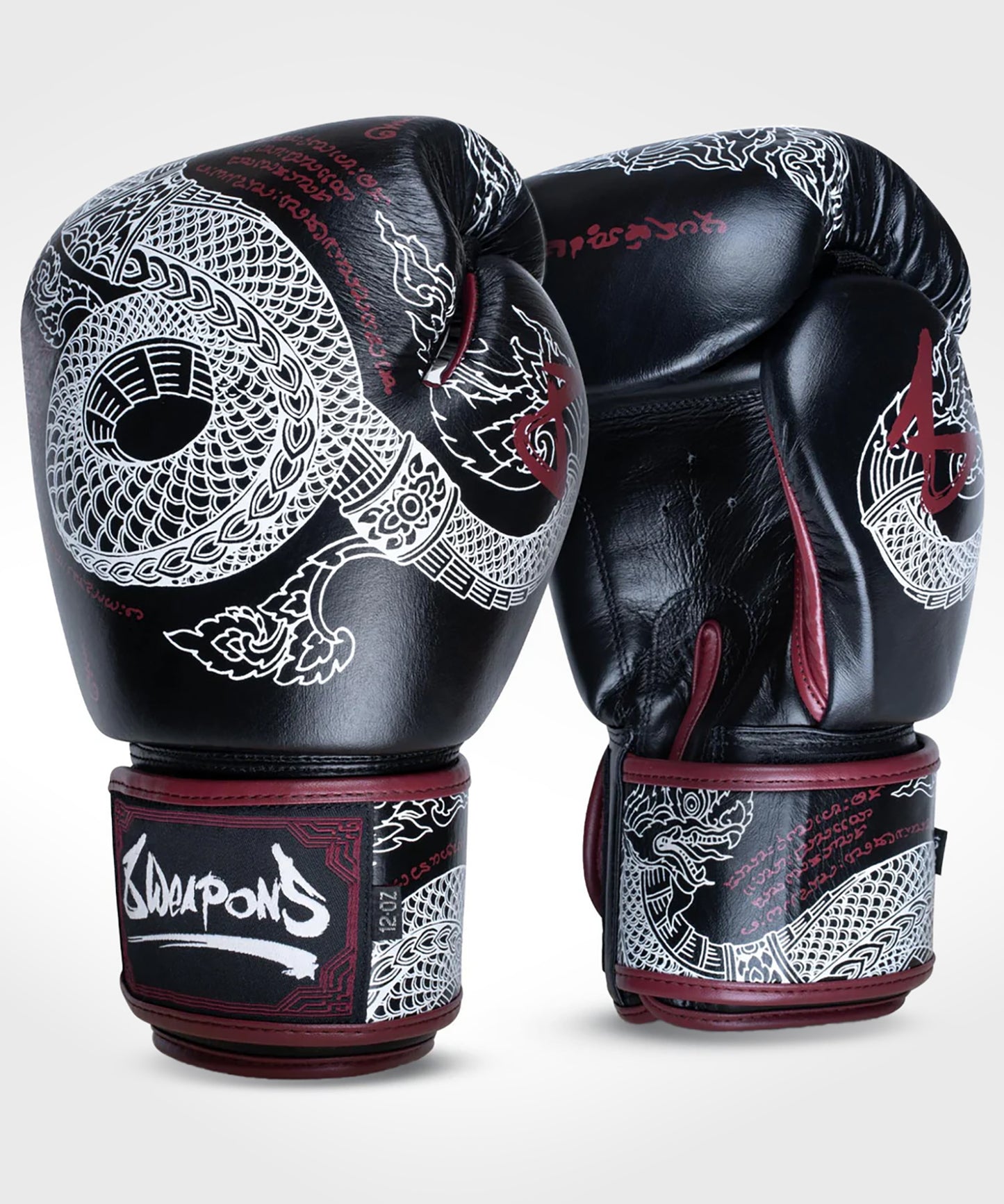 8 Weapons Sak Yant Naga Boxing Gloves - Black/Brown