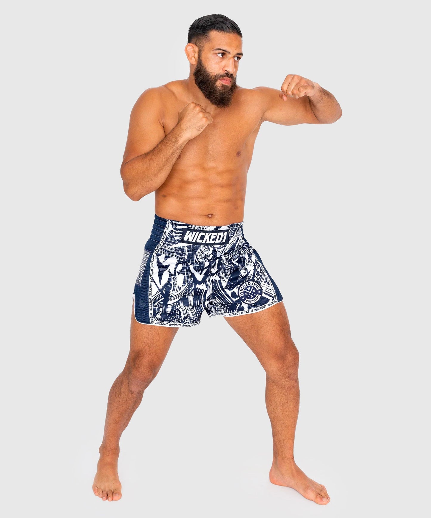Wicked One Havoc Pantalones de Muay Thai - Azul Marino/Blanco