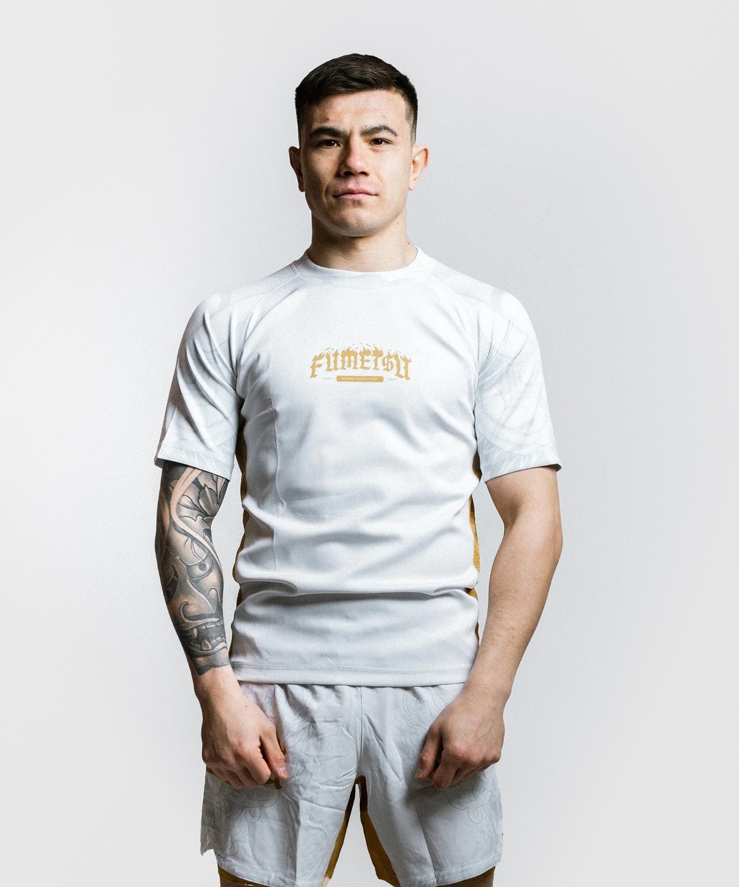 Fumetsu Oni Short Sleeve Rashguard - White/Gold/Grey