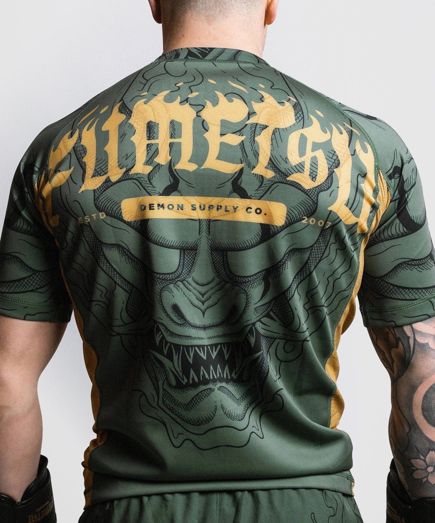 Fumetsu Oni Short Sleeve Rashguard - Khaki/Gold/Black