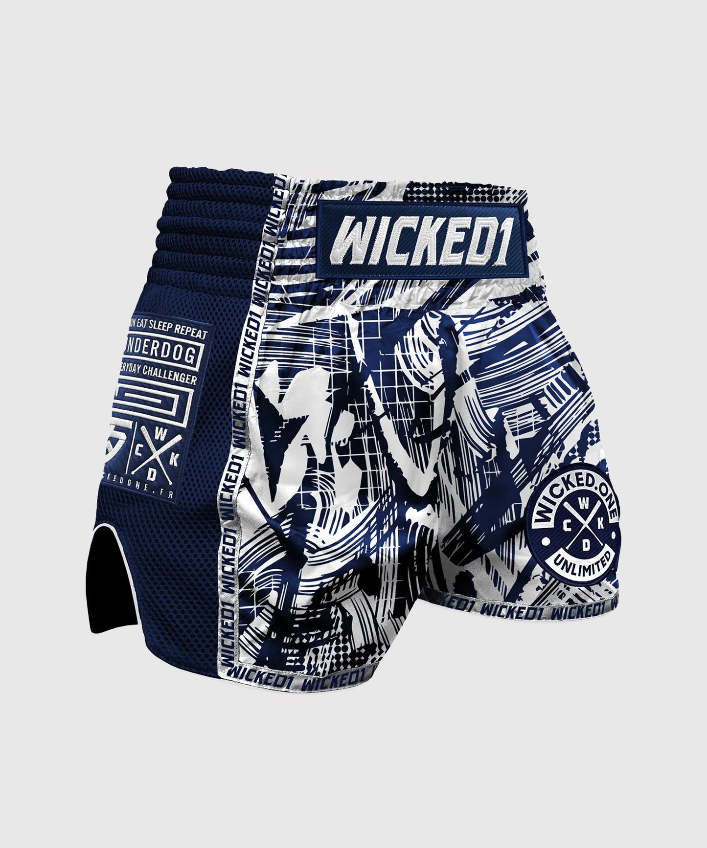 Wicked One Havoc Pantalones de Muay Thai - Azul Marino/Blanco