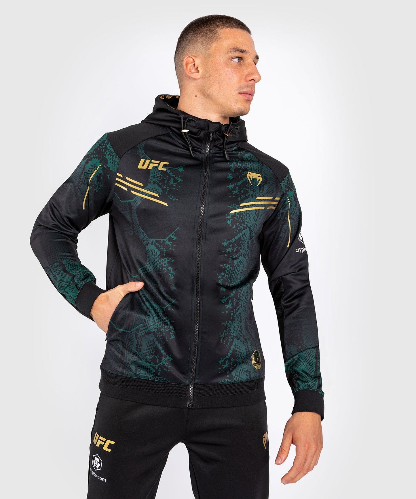 Men's UFC Adrenaline by Venum Authentic Fight Night Hooded Jacket - Emerald Edition - Green/Black/Gold