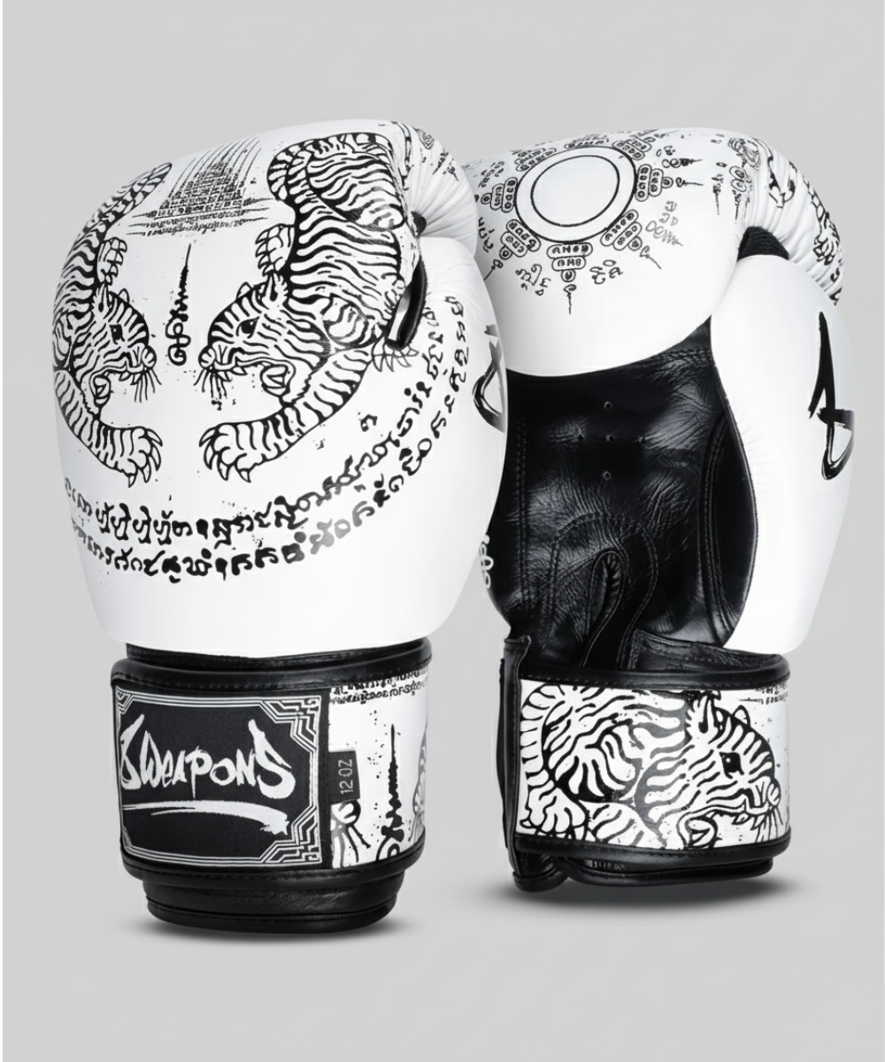 8 Weapons Sak Yant Tigers Boxing Gloves - White/Black