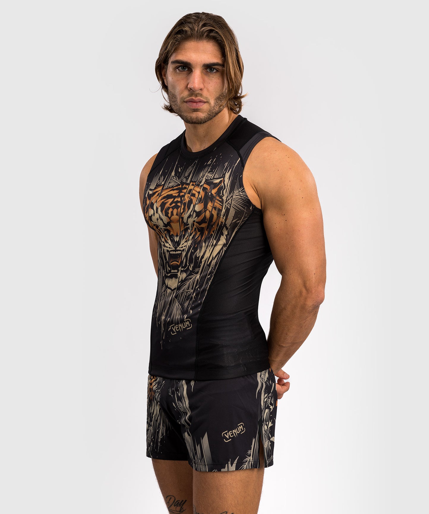 Rashguard sans Manches Venum Tiger pour Hommes - Noir/Orange Néon