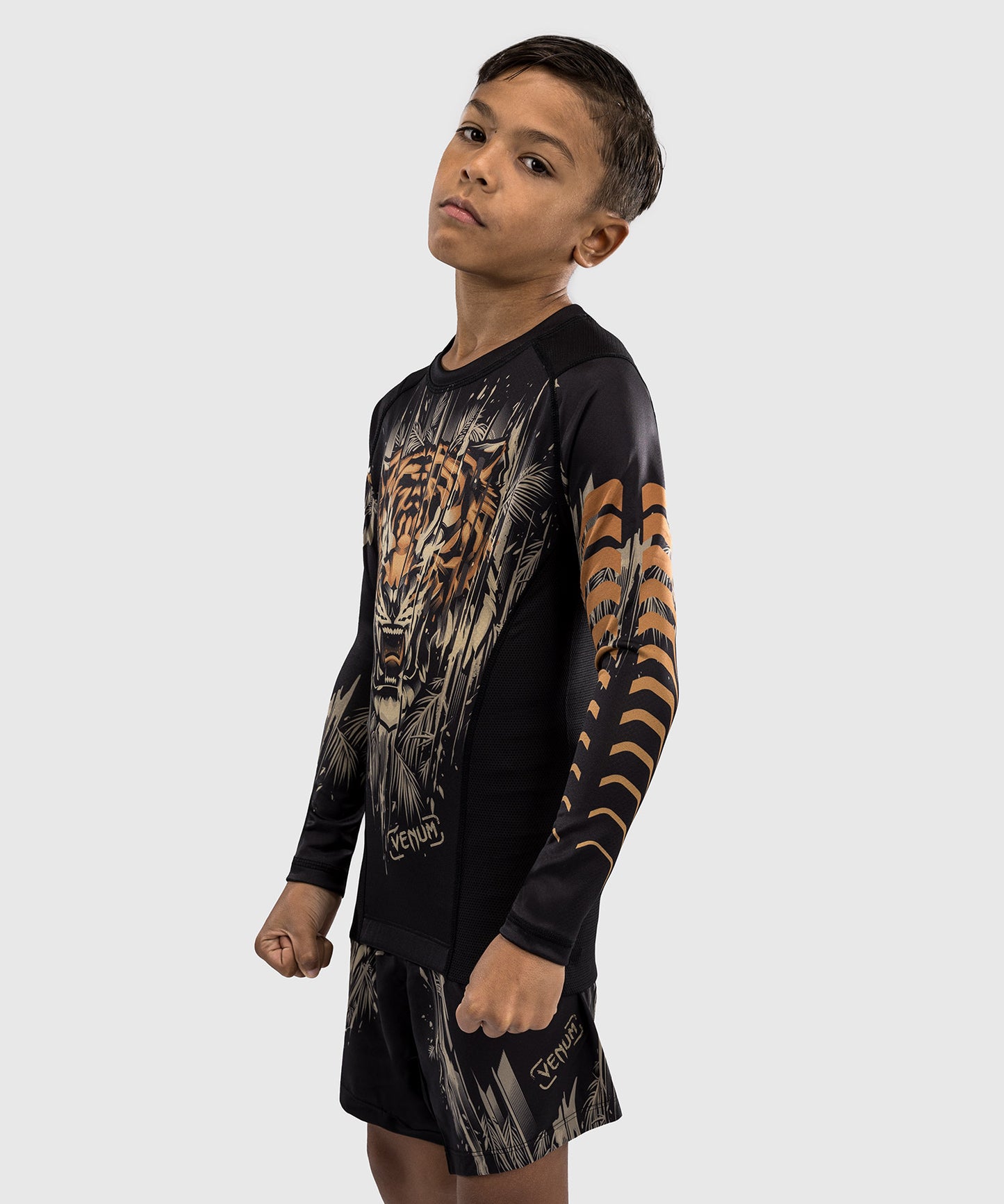 Venum Tiger Kids Long Sleeve Rashguard - Black/Orange Neon
