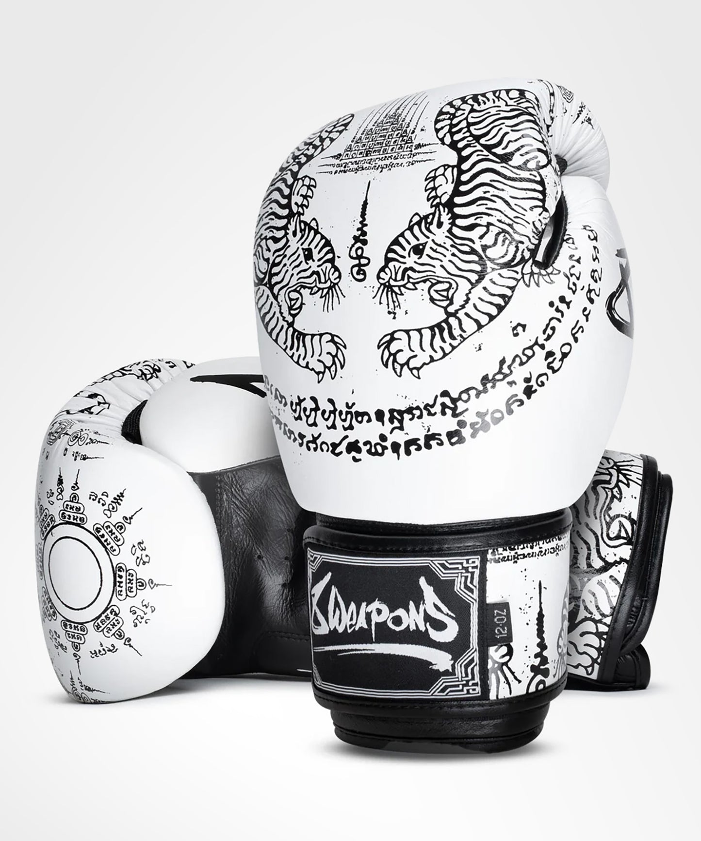 8 Weapons Sak Yant Tigers Boxing Gloves - White/Black