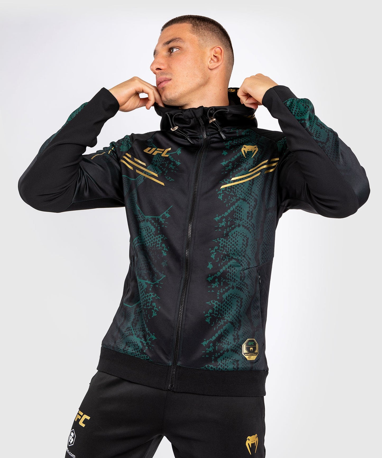 Men's UFC Adrenaline by Venum Authentic Fight Night Hooded Jacket - Emerald Edition - Green/Black/Gold