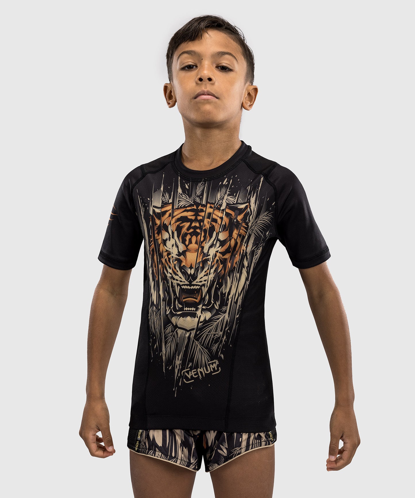 Rashguard à Manches Courtes Venum Tiger pour Enfants - Noir/Orange Néon