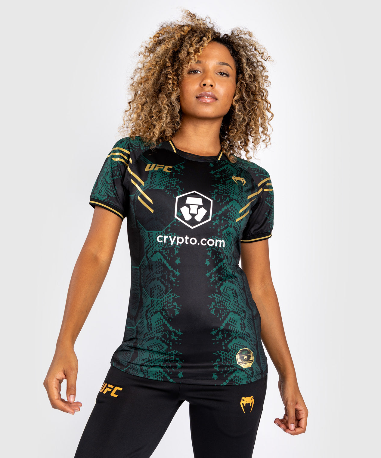 Women's UFC Adrenaline by Venum Authentic Fight Night Technical T-Shirt - Emerald Edition - Green/Black/Gold