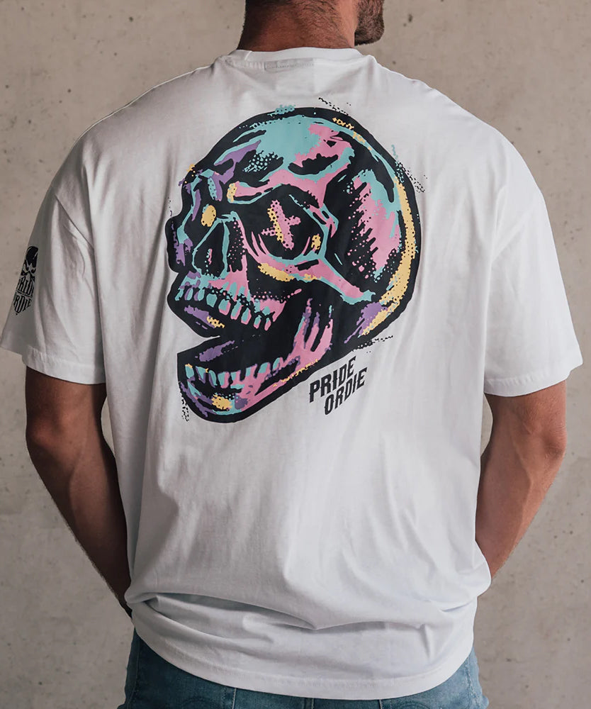 T-Shirt Oversize Pride Or Die Funky Skull - Blanc