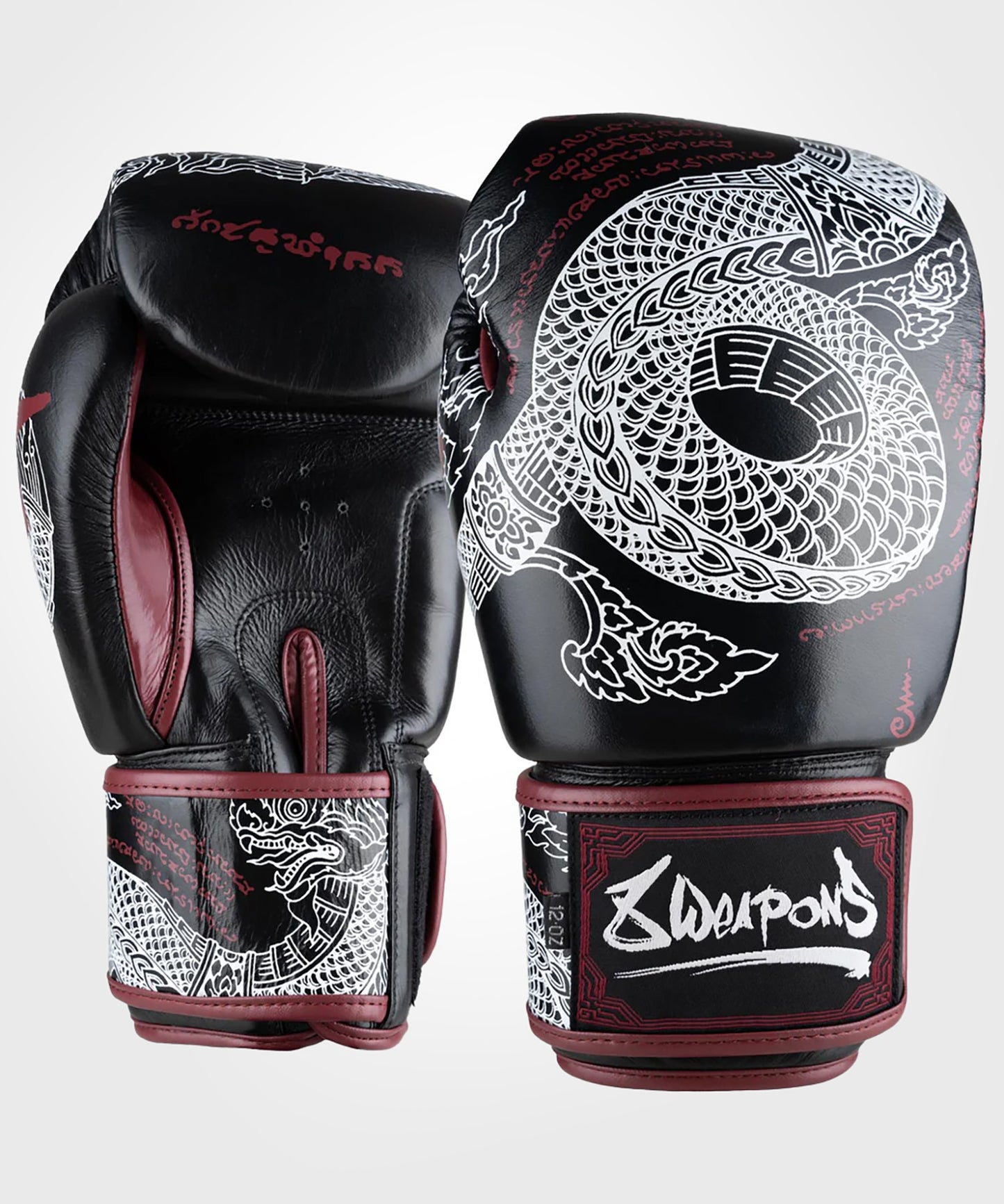 8 Weapons Sak Yant Naga Boxing Gloves - Black/Brown