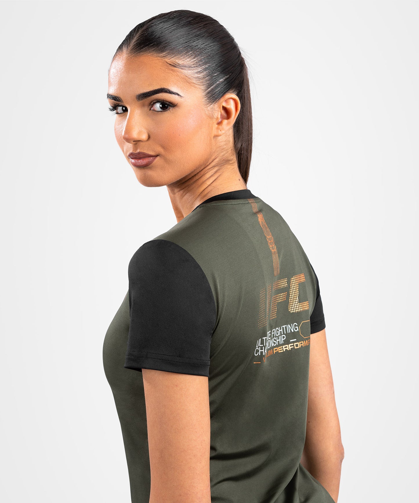 UFC Adrenaline by Venum Fight Week Women's Dry-Tech T-Shirt - Khaki/Bronze
