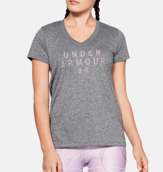 T-shirt Femme Under Armour UA Tech™ V-Neck Graphic - Gris Chiné - Gris